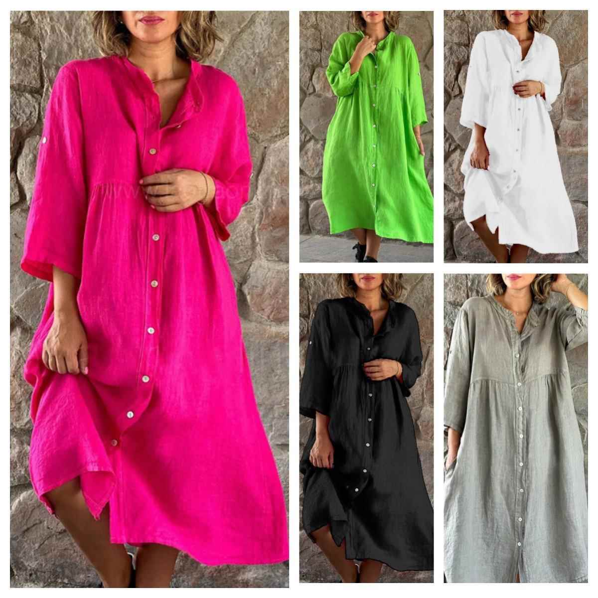 Womens cotton and linen solid color casual button long dress