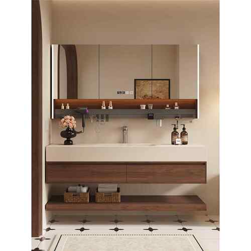 中古风胡桃木色岩板热弯一体盆分层浴室柜组合简约卫生间洗手脸盆