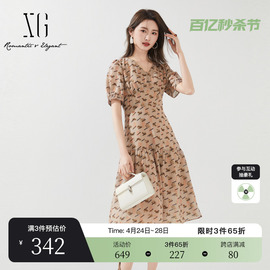 xg雪歌花版v领字母，印花连衣裙2024夏季高腰，泡泡袖中长裙女装