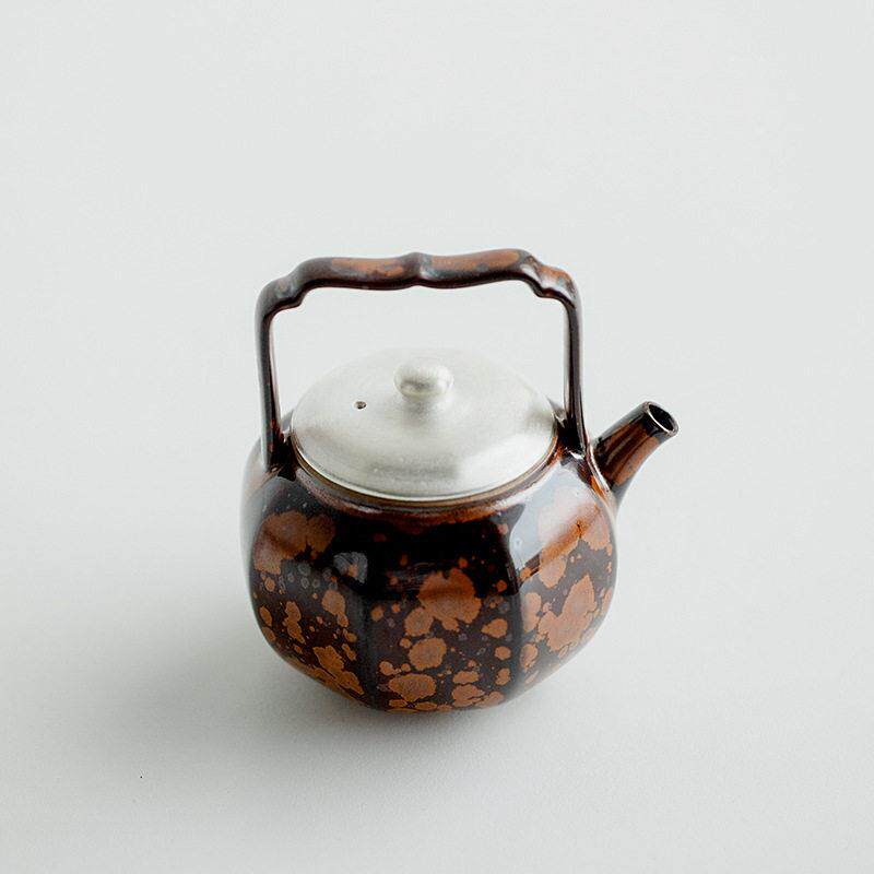 窑变栗棕描银苏子八方提梁壶陶瓷单壶茶壶带过滤泡茶冲茶器