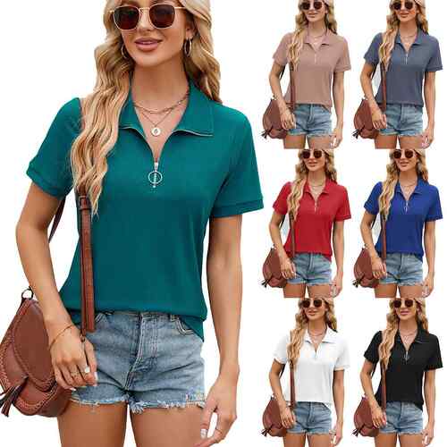 Zipper Collar T-shirt Top for Women 拉链翻领T恤上衣女