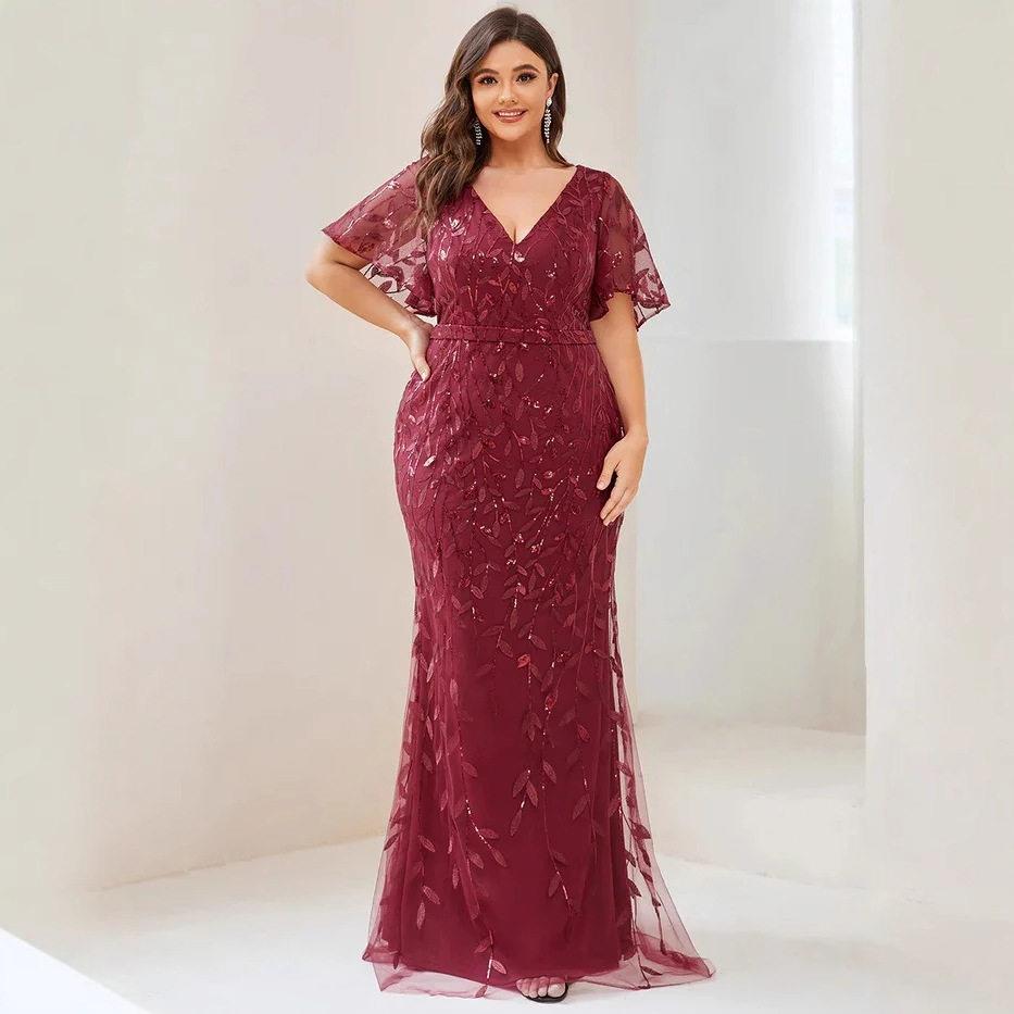 Shiny V Neck Leaf-Sequined Bodycon Formal Evening Dresses图片