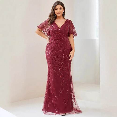 Shiny V Neck Leaf-Sequined Bodycon Formal Evening Dresses