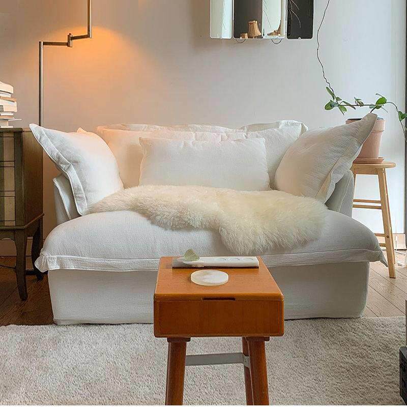 单人沙发椅法式高端羽绒棉麻布艺可拆洗小阳台白色卧室懒人沙发