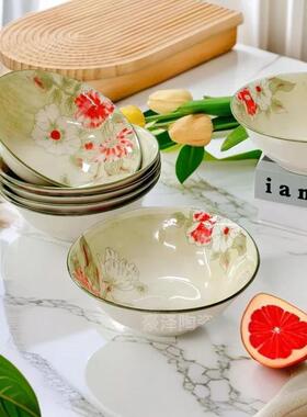 家用釉下彩花开6英寸斗碗面碗4个装中式陶瓷复古面碗碗家用饭碗