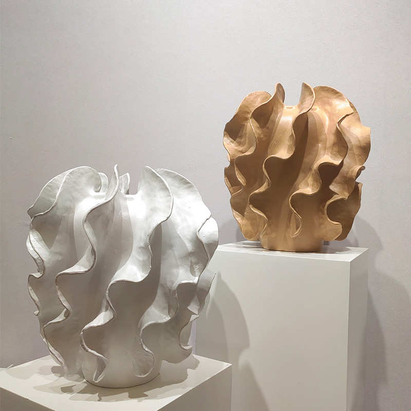 侘寂风艺术树脂波浪纹花器摆件民宿样板间客厅玄关抽象装饰花瓶