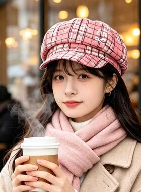 今年流行的女士2026新款帽子秋冬格纹文艺帽子女款甜美可爱百搭画