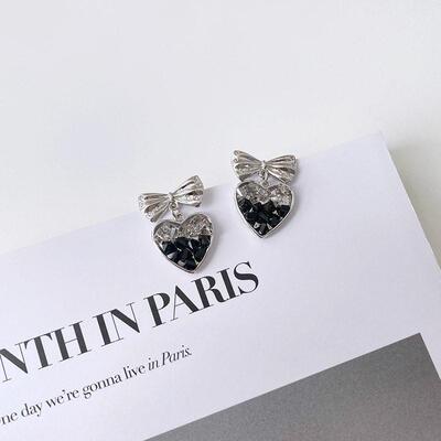 Bow Black Crystal Love Sweetheart Party Earrings Retro Hong