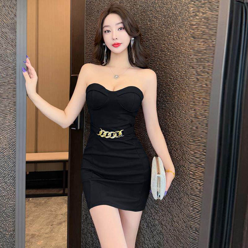 夜总店女装一字肩低胸连衣裙夜总会气质抹胸裙足浴技师工作服