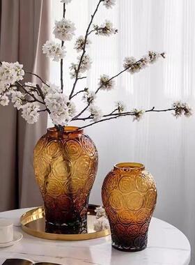 中式覆古浮雕花瓶大口径水培富贵竹花瓶客厅高级感插花装饰摆饰