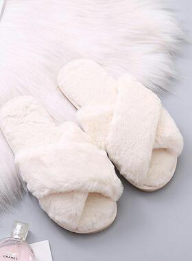 Women Warm Fluffy Slippers Cozy Faux Fur Cross Indoor Slides