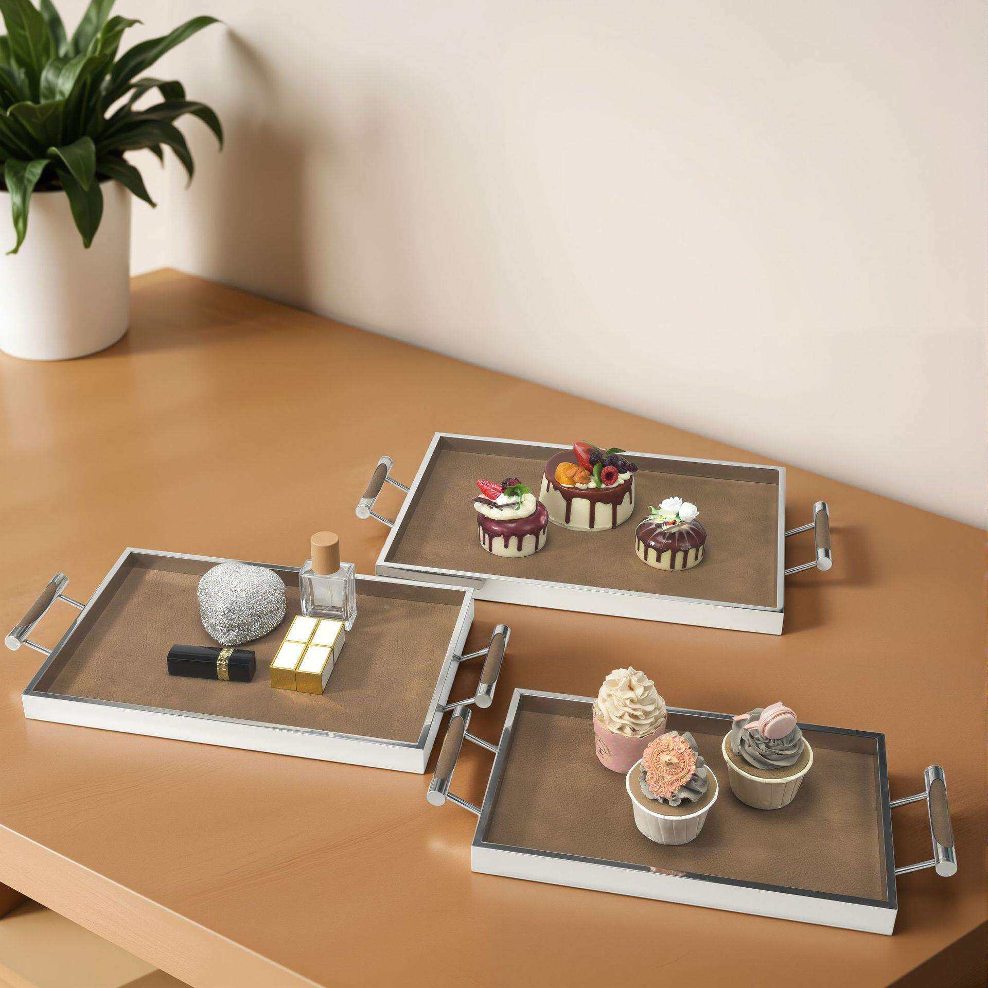 不锈钢镜面皮革托盘果轻奢高档水盘蛋MDL糕餐纳盘首饰长方形收置