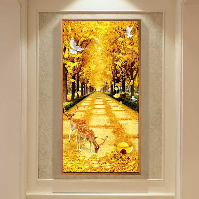 黄金满地寓意玄关装饰画楼梯走廊过道竖版挂画鹿进门入户壁画代发图片