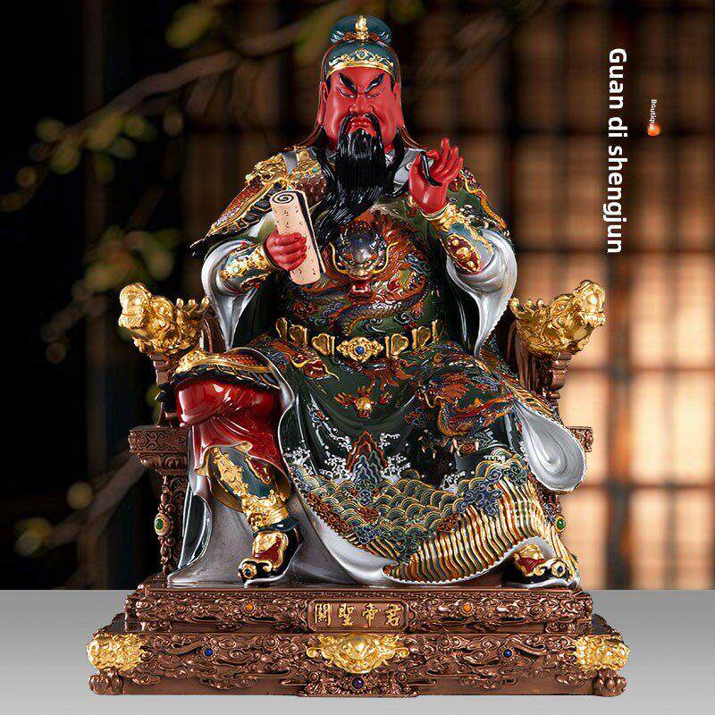 台湾纯铜琉晶彩绘鎏金关公铜像关羽武财神关二爷神像供奉招财佛像