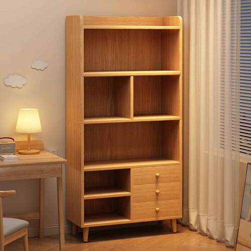 实木书架落地置物架一体靠墙柜子客厅展示柜家用学生简易书柜收纳