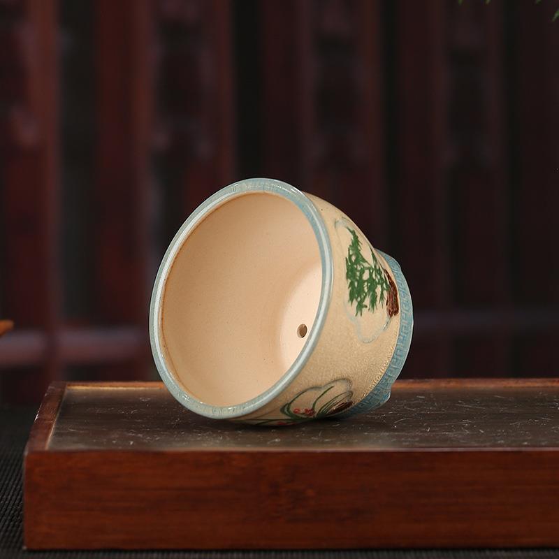 宜兴精品浮雕紫砂花盆创意仿古三脚圆形桌面装饰盆景盆YXFD02