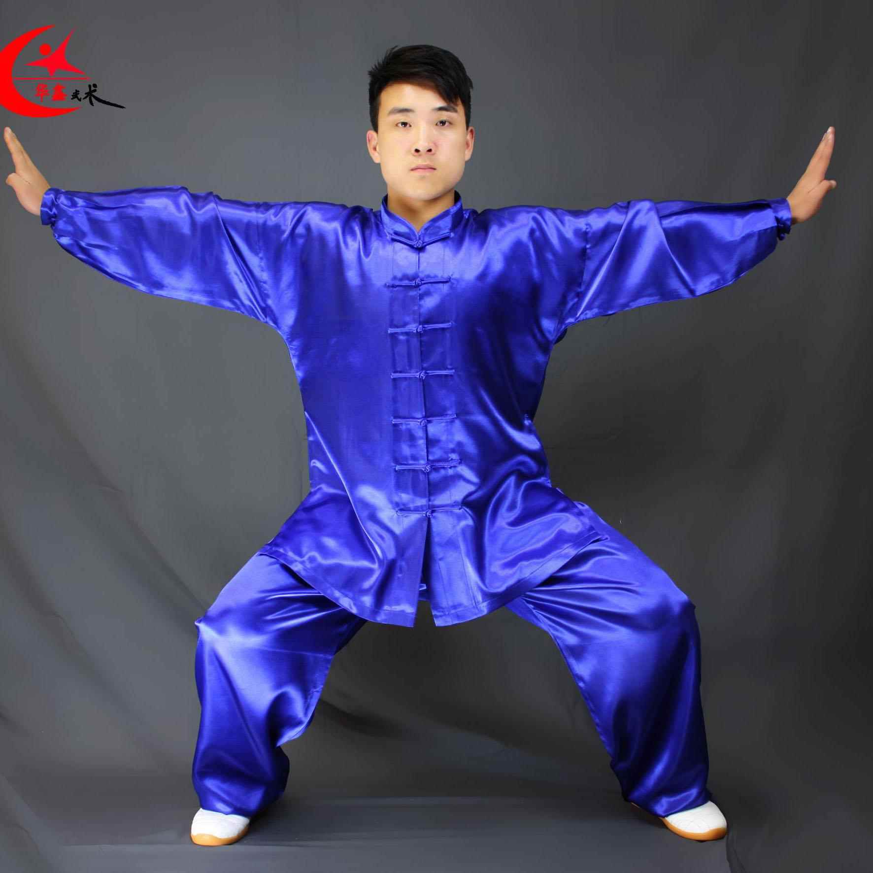 高档男皆宜的太极表术演舞台服装拳击晨武练训练服装绸缎光面套女图片