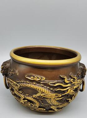 仿古做旧黄铜鎏金龙凤虎头缸复古中式客厅书房摆件工艺品