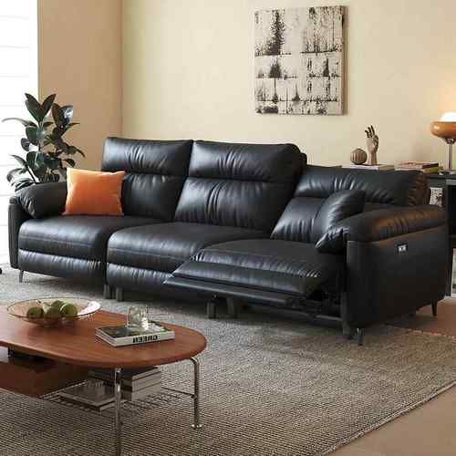 黑色复古真皮电动功能中古风头层真皮沙发直排三人位伸缩客厅沙发