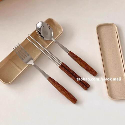 原木不锈钢筷子勺子叉子套装上班可携式餐具三件套日式覆古筷勺叉