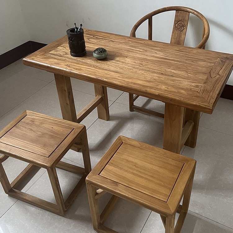 老榆木茶桌民宿餐桌做旧风化老门板实木书桌复古茶台泡茶桌椅组合