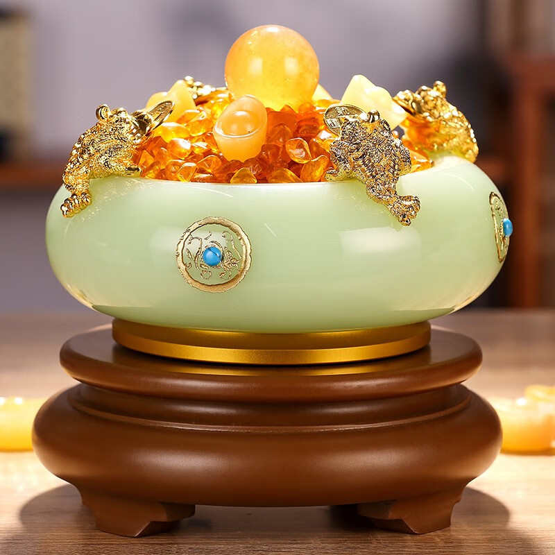 吉祥源 招财聚宝盆开业礼品摆件 金蟾琉璃白玉工艺品 家居客厅玄