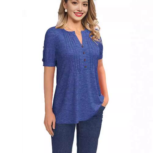 Womens Fashion Summer Pleated Button Short Sleeve T-Shirt