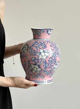 客厅花瓶鲜花装饰品陶瓷青花瓷摆件中式复古陶罐插花感新轻奢