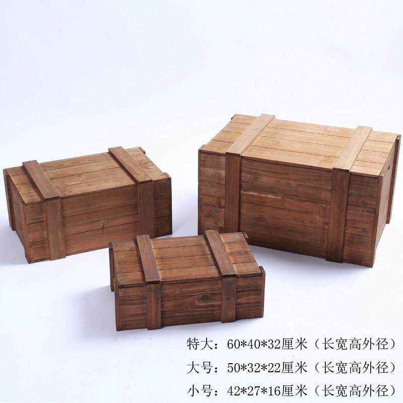 现货复古实木箱木头做旧装饰木箱子摆件收纳箱带盖收纳木盒 定制