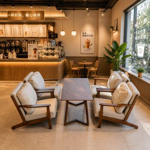 连锁奶茶店桌椅组合咖啡店馆休闲区实木沙发咖啡厅椅子阅读区卡座