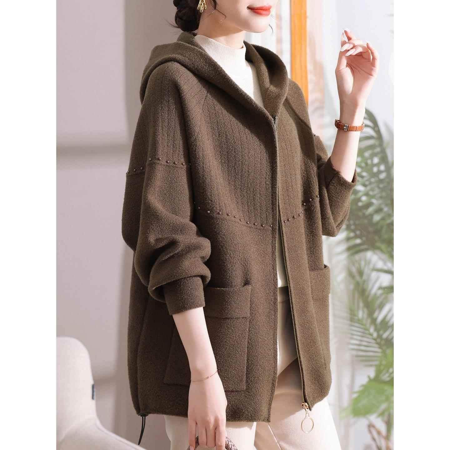 新款中年女休闲毛呢外套胖妈妈装春秋中长款针织上衣大码连帽风衣