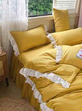 正品北欧风水简约灰色件洗四件棉套纯色荷叶花边被套床单床裙宿舍