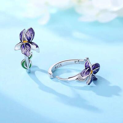 925 Sterling Silver Purple Flowers Series Earring Jewelry Ve
