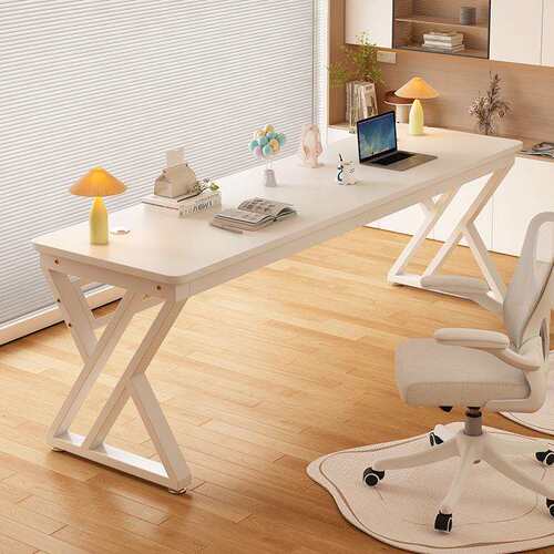 简易双人电脑桌台式家用学生学习书桌书架实木一体桌子长条工