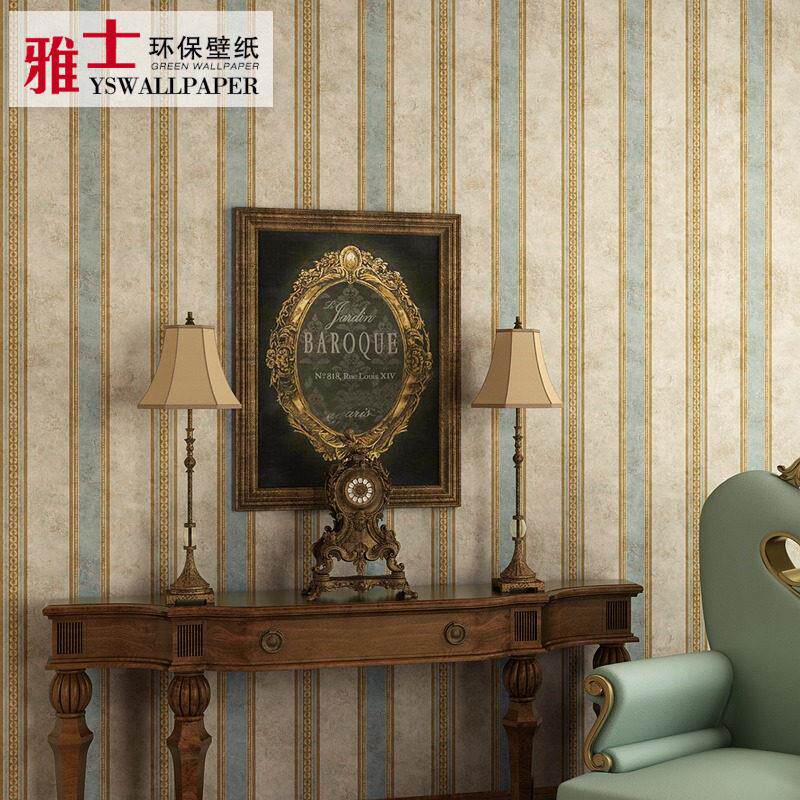 美式无纺布做旧壁纸欧式奢华竖条纹覆古田园卧室客厅背景墙墙纸