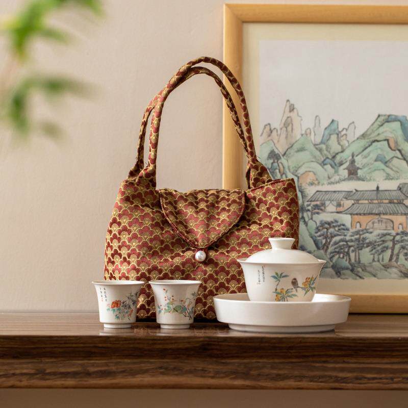 旅行茶具功夫套装云水纹织锦加厚防摔陶瓷茶艺手提收纳布袋礼品盒