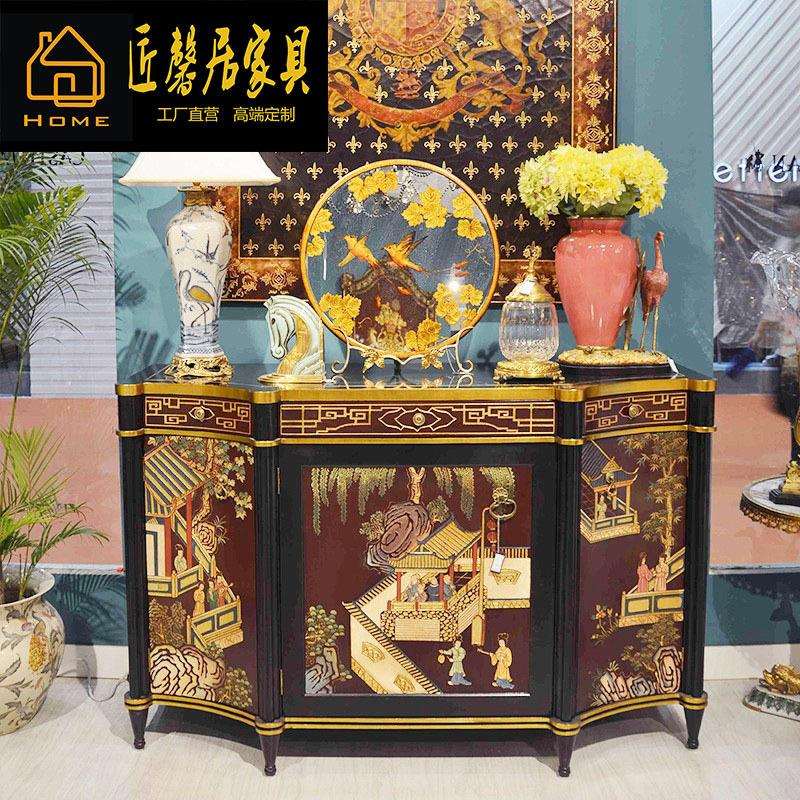 法式奢华客厅家具玄关柜贴金箔黑红色手绘风景储物柜家具