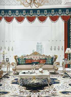 门幅280cm定宽边绣绣花欧式法式绒布金丝线绣花窗帘布