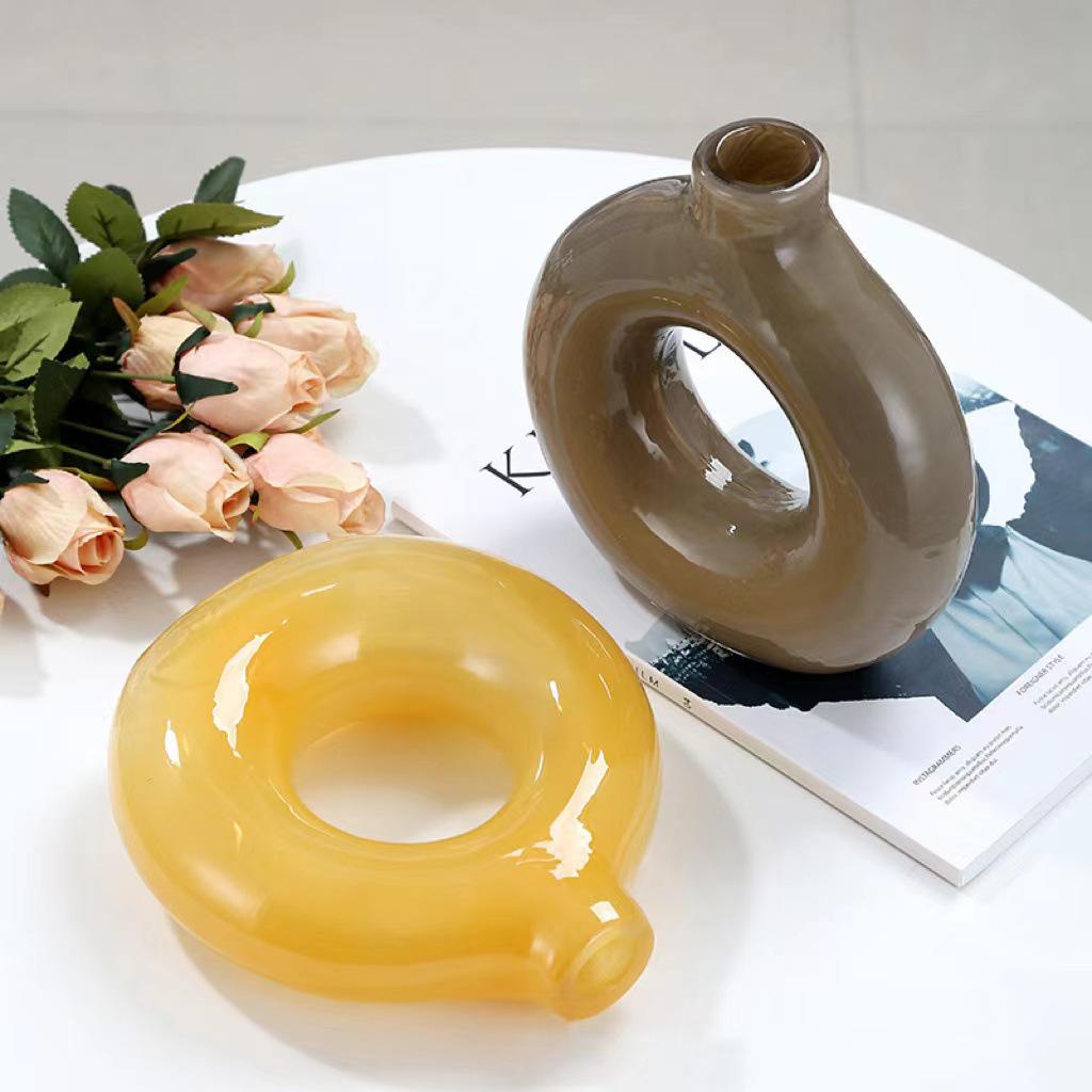 创意甜甜圈玻璃花瓶摆件 ins风客厅插花餐桌软装饰品花器水培批发