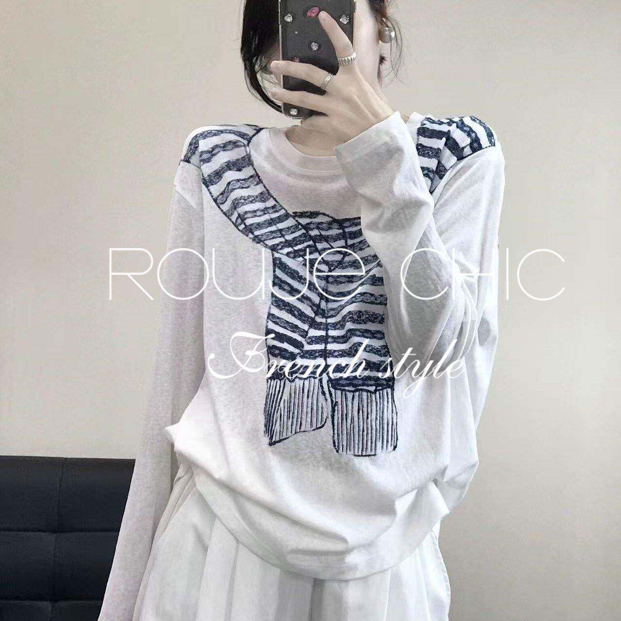 法国rouje chic春季蓝色披肩长袖T恤女法式围巾印花宽松休闲上衣