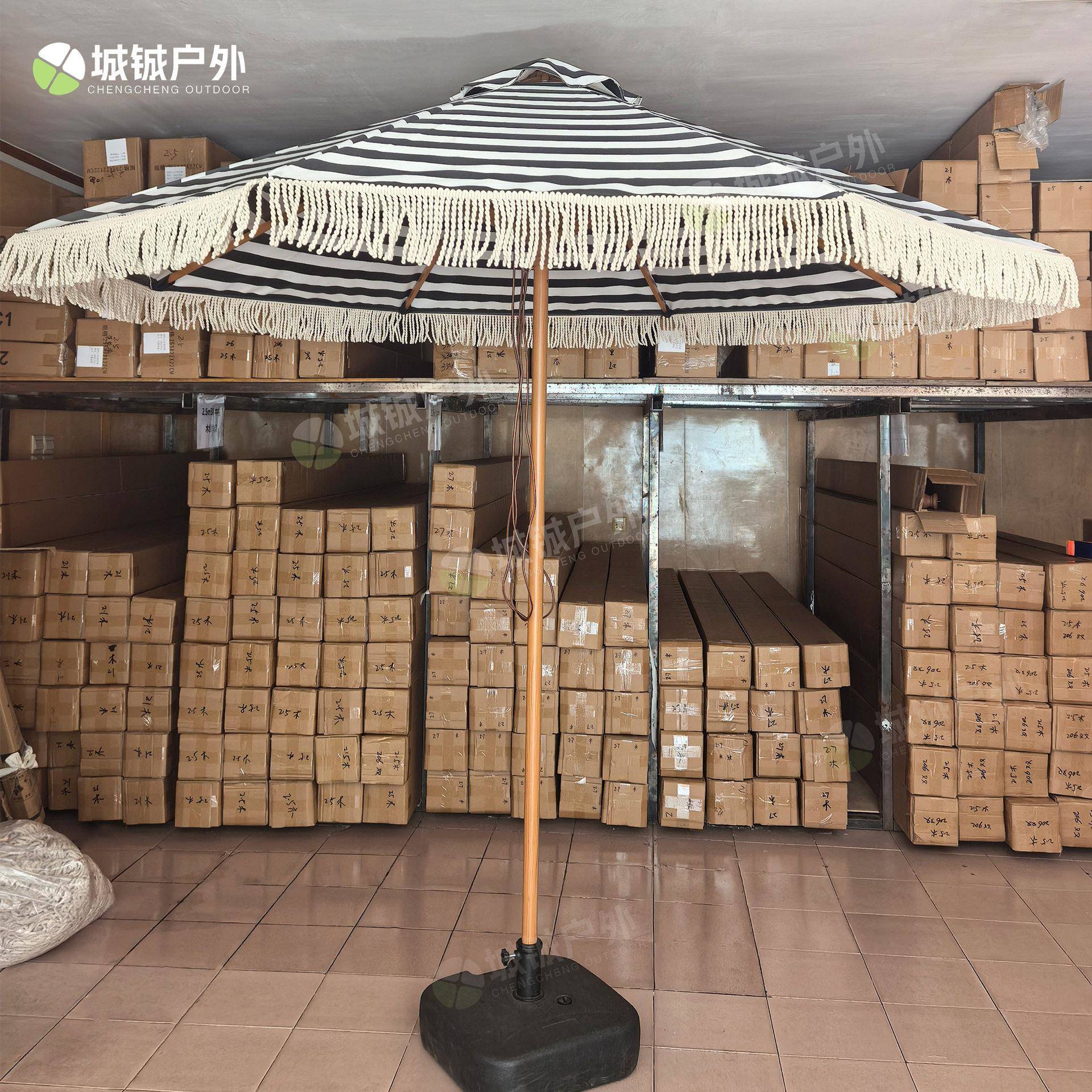 景区网红流苏伞8骨铝合金可带转向黑白条纹户外太阳伞景区遮阳伞