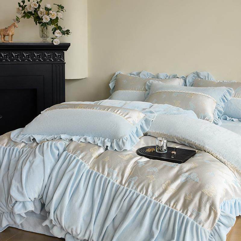 蓝色梦幻秋冬新款兔毛拼牛奶绒法式公主风浮雕提花烫钻保暖四件套,床上用品,床垫/床褥/床护垫/榻榻米床垫,淘宝优惠券,粉丝福利购,淘宝优惠卷