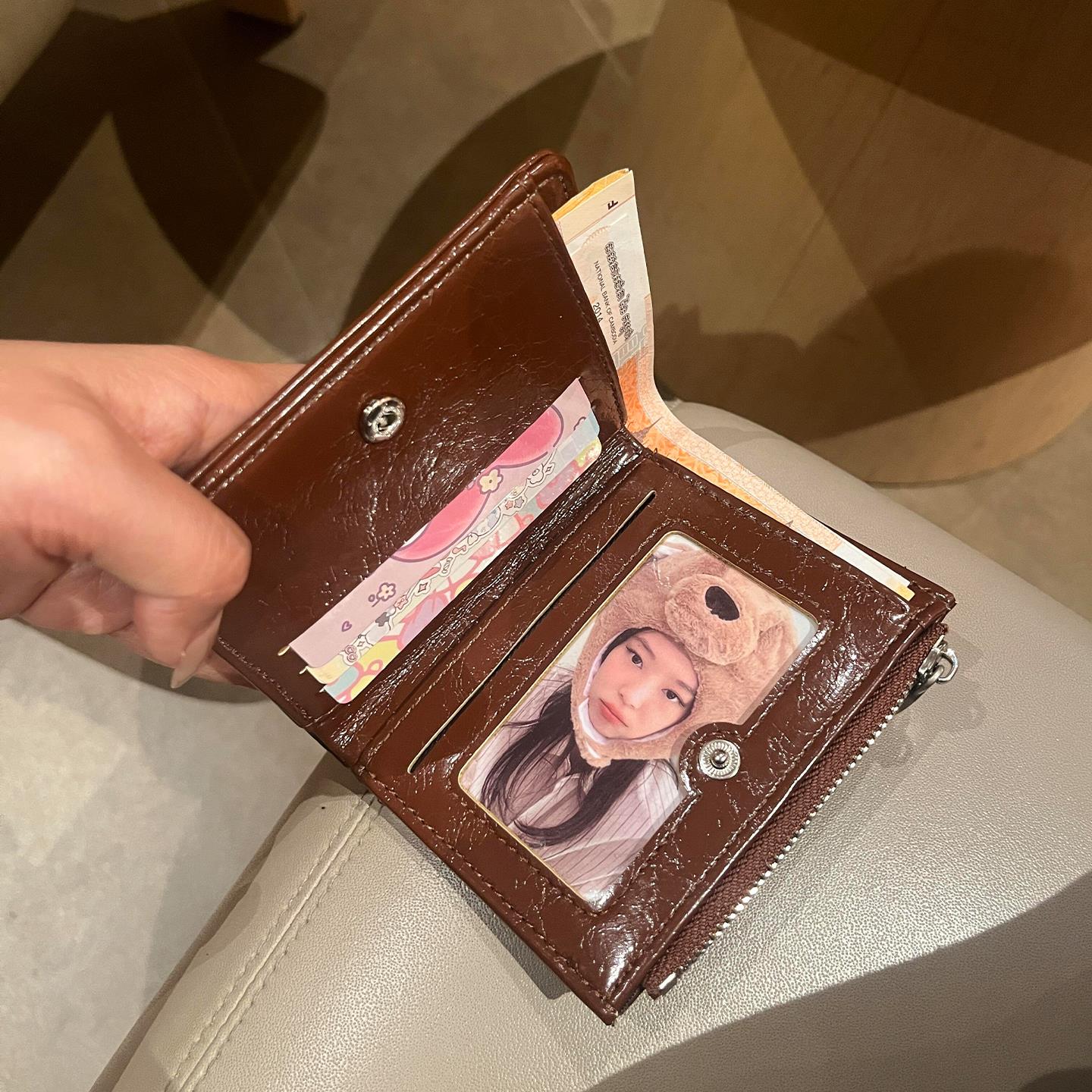 褶皱短款钱包韩系拉链多功能卡包高颜值百搭多卡位女士信封钱夹.