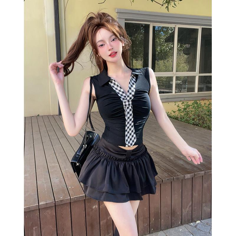 桌球俱乐部足道会所制服辣妹纯欲修身翻领无袖上衣蓬蓬短裙套装