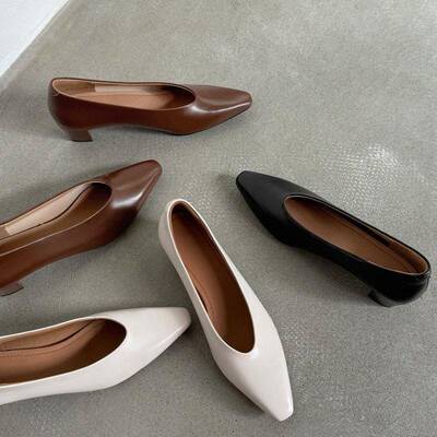 A.D Hepburn~法式经典粗跟单鞋极简小方头奶白色V口女巫鞋穆勒鞋