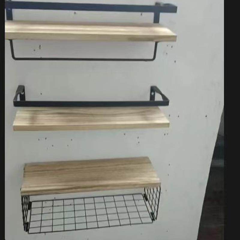 跨境墙上壁挂式浮动架带储物蓝木制浴室架L形金属支架储物置物架
