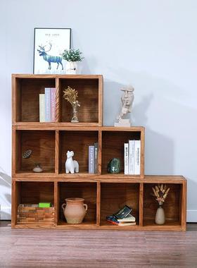 老榆木13622实书架格子柜组一合置木物架落地靠童墙书柜体客厅儿
