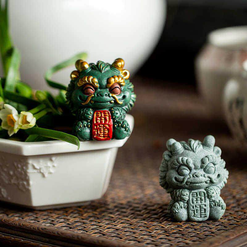 青砂石祥瑞麒麟装饰摆件 中式国潮桌面暴富小茶宠 瑞兽茶玩