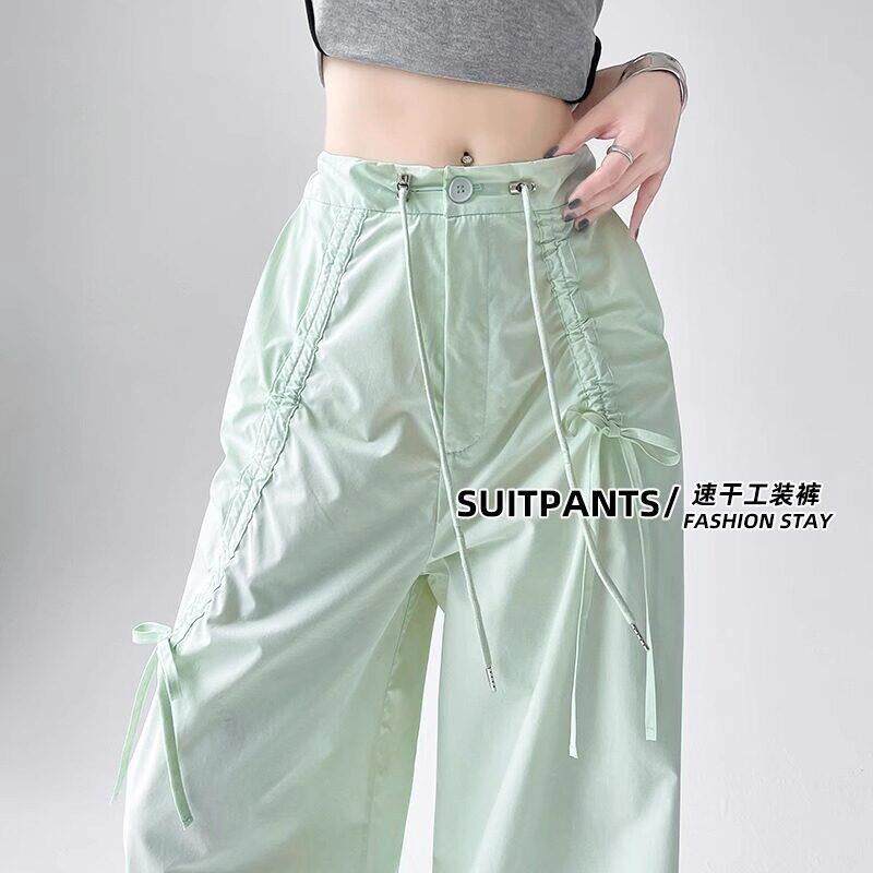 美式抽绳速干工装裤女夏季薄款2025新款高腰显瘦宽松休闲阔腿裤子