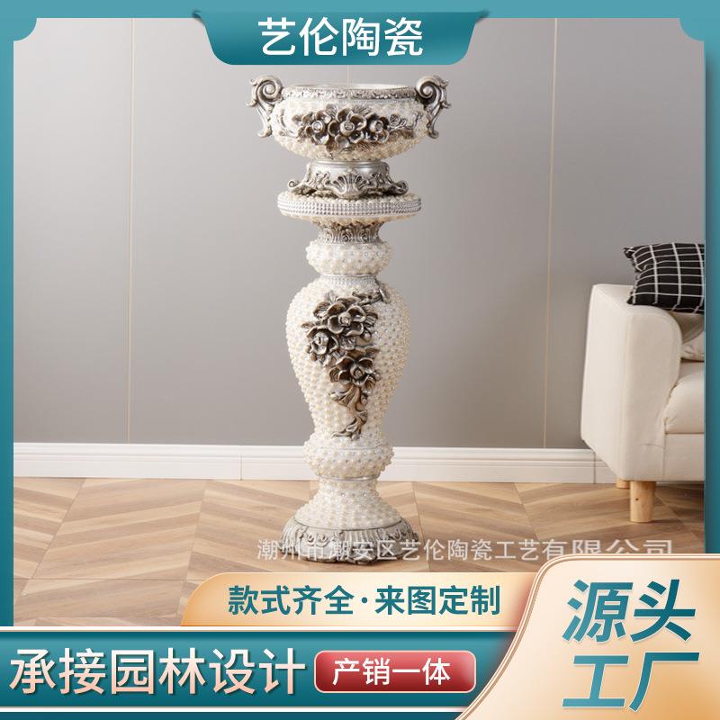 欧式玻璃钢落地大花瓶贴珠家居复古插花盆器酒店罗马柱装饰品摆件
